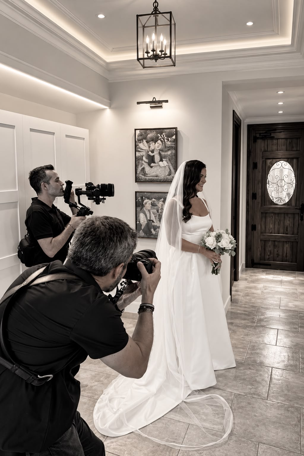 Behind the scenes: photographers aiming their cameras at the bride in a hallway